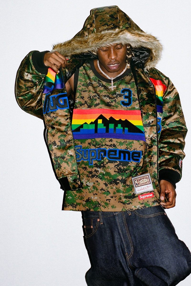 Mitchell & Ness x Supreme Spring 2026 Collaboration mlb nba Atlanta Braves, Houston Astros, Denver Nuggets and Washington Bullets Hooded Satin Varsity Jacket, Wool Varsity Jacket, Sweater, Basketball Jersey, Hooded Sweatshirt, Jean, Sweatpant, Denim Short, Basketball Short, New Era and Headband