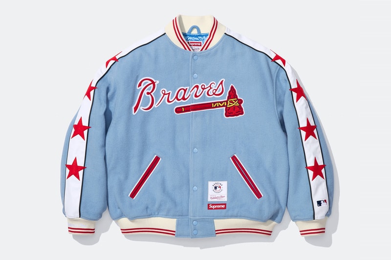 Mitchell & Ness x Supreme Spring 2026 Collaboration mlb nba Atlanta Braves, Houston Astros, Denver Nuggets and Washington Bullets Hooded Satin Varsity Jacket, Wool Varsity Jacket, Sweater, Basketball Jersey, Hooded Sweatshirt, Jean, Sweatpant, Denim Short, Basketball Short, New Era and Headband