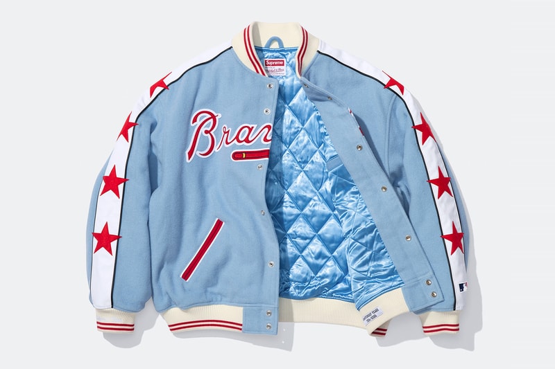 Mitchell & Ness x Supreme Spring 2026 Collaboration mlb nba Atlanta Braves, Houston Astros, Denver Nuggets and Washington Bullets Hooded Satin Varsity Jacket, Wool Varsity Jacket, Sweater, Basketball Jersey, Hooded Sweatshirt, Jean, Sweatpant, Denim Short, Basketball Short, New Era and Headband