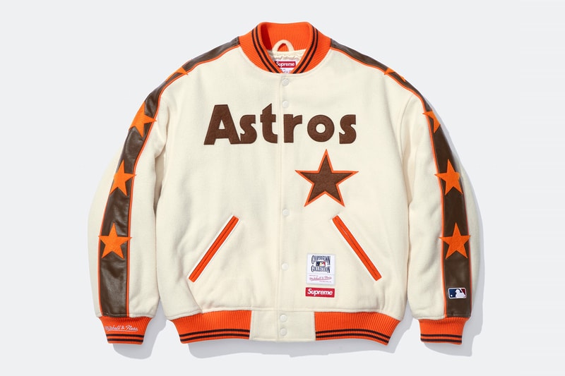 Mitchell & Ness x Supreme Spring 2026 Collaboration mlb nba Atlanta Braves, Houston Astros, Denver Nuggets and Washington Bullets Hooded Satin Varsity Jacket, Wool Varsity Jacket, Sweater, Basketball Jersey, Hooded Sweatshirt, Jean, Sweatpant, Denim Short, Basketball Short, New Era and Headband