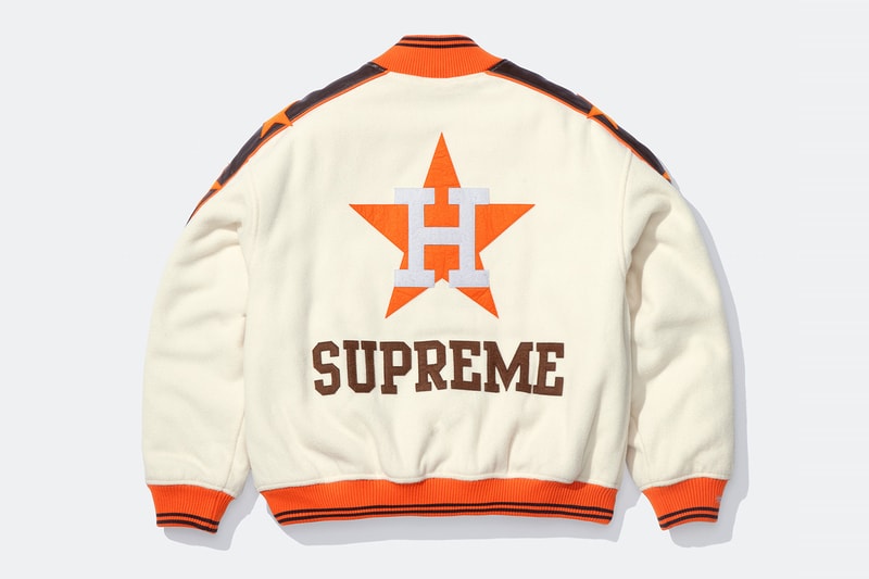Mitchell & Ness x Supreme Spring 2026 Collaboration mlb nba Atlanta Braves, Houston Astros, Denver Nuggets and Washington Bullets Hooded Satin Varsity Jacket, Wool Varsity Jacket, Sweater, Basketball Jersey, Hooded Sweatshirt, Jean, Sweatpant, Denim Short, Basketball Short, New Era and Headband