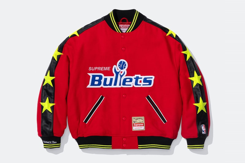 Mitchell & Ness x Supreme Spring 2026 Collaboration mlb nba Atlanta Braves, Houston Astros, Denver Nuggets and Washington Bullets Hooded Satin Varsity Jacket, Wool Varsity Jacket, Sweater, Basketball Jersey, Hooded Sweatshirt, Jean, Sweatpant, Denim Short, Basketball Short, New Era and Headband
