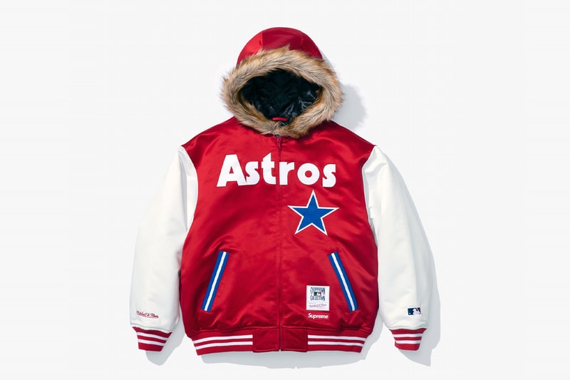 Mitchell & Ness x Supreme Spring 2026 Collaboration mlb nba Atlanta Braves, Houston Astros, Denver Nuggets and Washington Bullets Hooded Satin Varsity Jacket, Wool Varsity Jacket, Sweater, Basketball Jersey, Hooded Sweatshirt, Jean, Sweatpant, Denim Short, Basketball Short, New Era and Headband