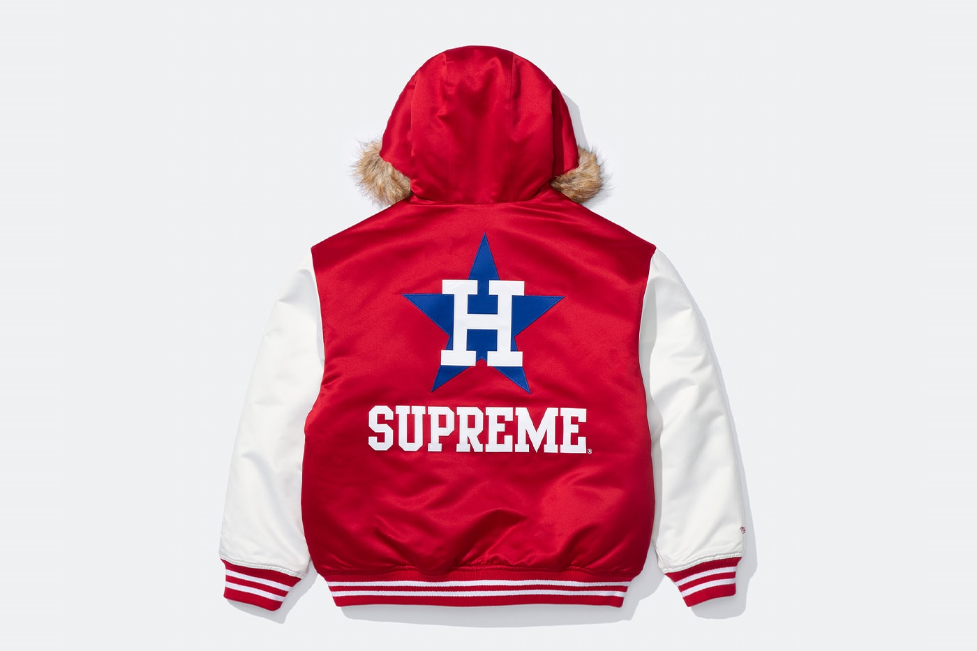 Mitchell & Ness x Supreme Spring 2026 Collaboration mlb nba Atlanta Braves, Houston Astros, Denver Nuggets and Washington Bullets Hooded Satin Varsity Jacket, Wool Varsity Jacket, Sweater, Basketball Jersey, Hooded Sweatshirt, Jean, Sweatpant, Denim Short, Basketball Short, New Era and Headband