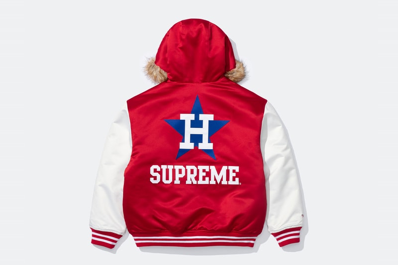 Mitchell & Ness x Supreme Spring 2026 Collaboration mlb nba Atlanta Braves, Houston Astros, Denver Nuggets and Washington Bullets Hooded Satin Varsity Jacket, Wool Varsity Jacket, Sweater, Basketball Jersey, Hooded Sweatshirt, Jean, Sweatpant, Denim Short, Basketball Short, New Era and Headband