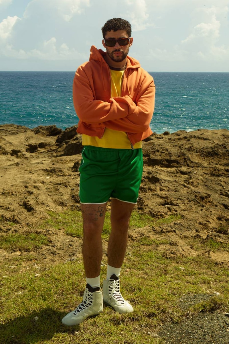 Bad Bunny wearing adidas Stone Slide and Heritage High silhouettes from BENITO ANTONIO x Zara campaign - detail view 2