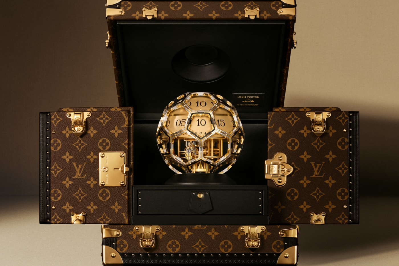 Louis Vuitton Unity Time Object clock with skeletonized movement and diamond time display for UNICEF charity auction