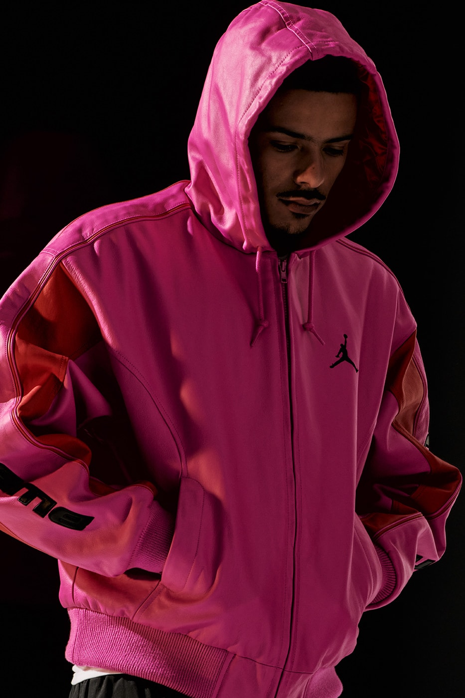 Jordan Brand x Supreme Spring 2026 Collaboration hooded leather jacket track pants zip up hooded sweatshirt basketball short jersey track jacket