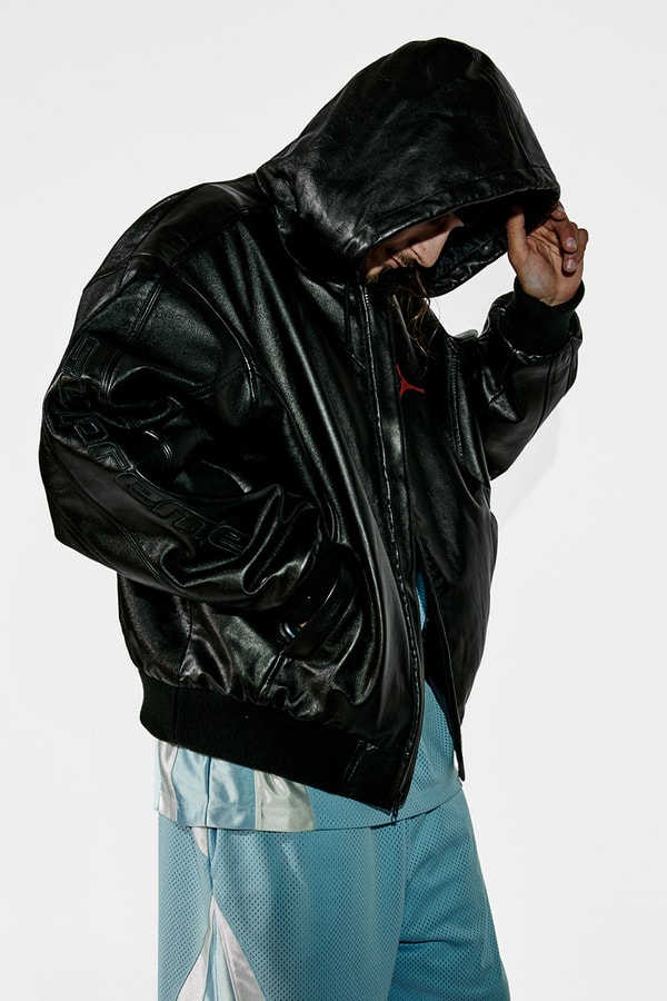 Jordan Brand x Supreme Spring 2026 Collaboration hooded leather jacket track pants zip up hooded sweatshirt basketball short jersey track jacket