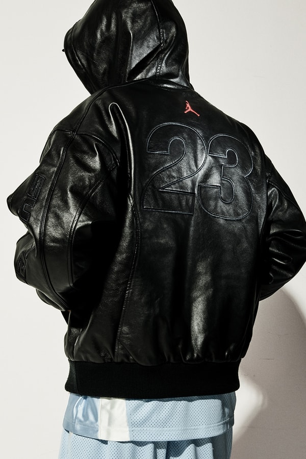 Jordan Brand x Supreme Spring 2026 Collaboration hooded leather jacket track pants zip up hooded sweatshirt basketball short jersey track jacket