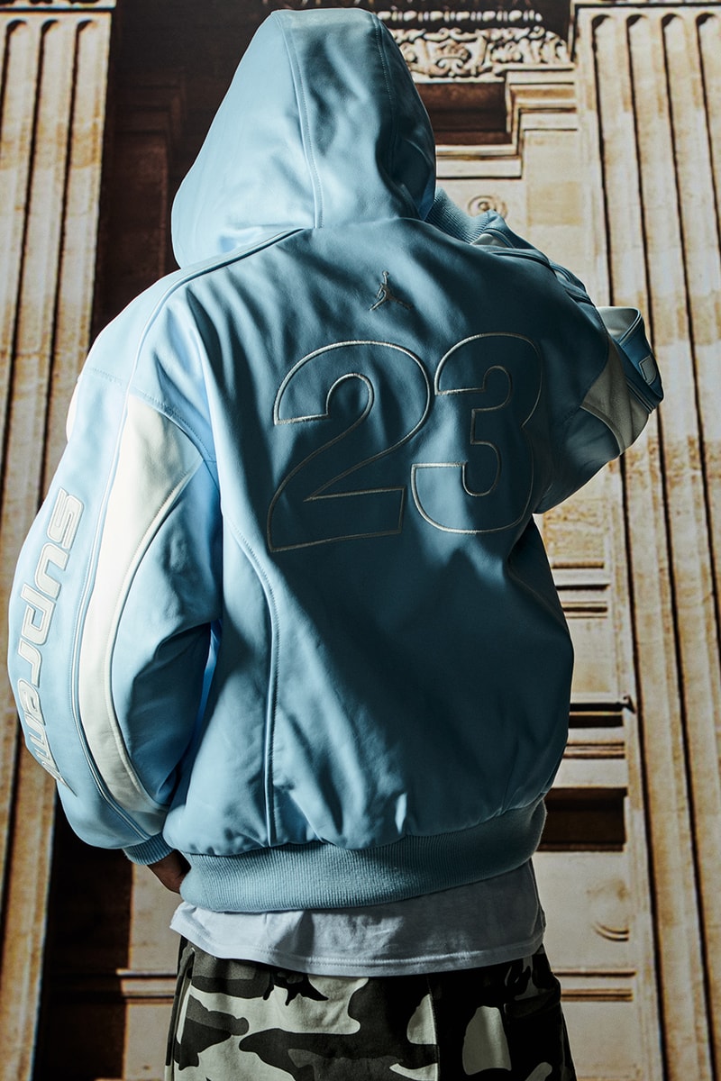Jordan Brand x Supreme Spring 2026 Collaboration hooded leather jacket track pants zip up hooded sweatshirt basketball short jersey track jacket
