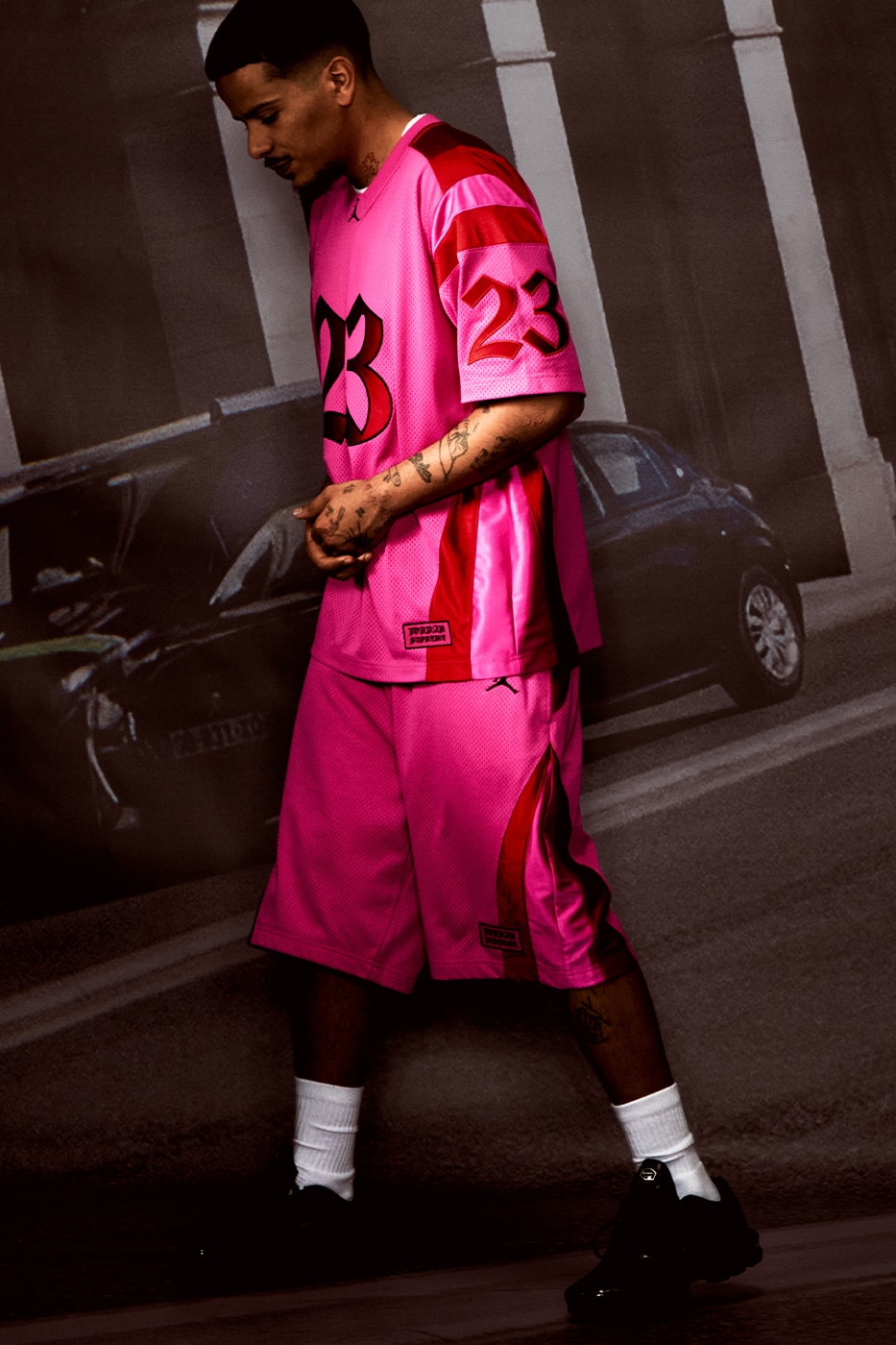 Jordan Brand x Supreme Spring 2026 Collaboration hooded leather jacket track pants zip up hooded sweatshirt basketball short jersey track jacket