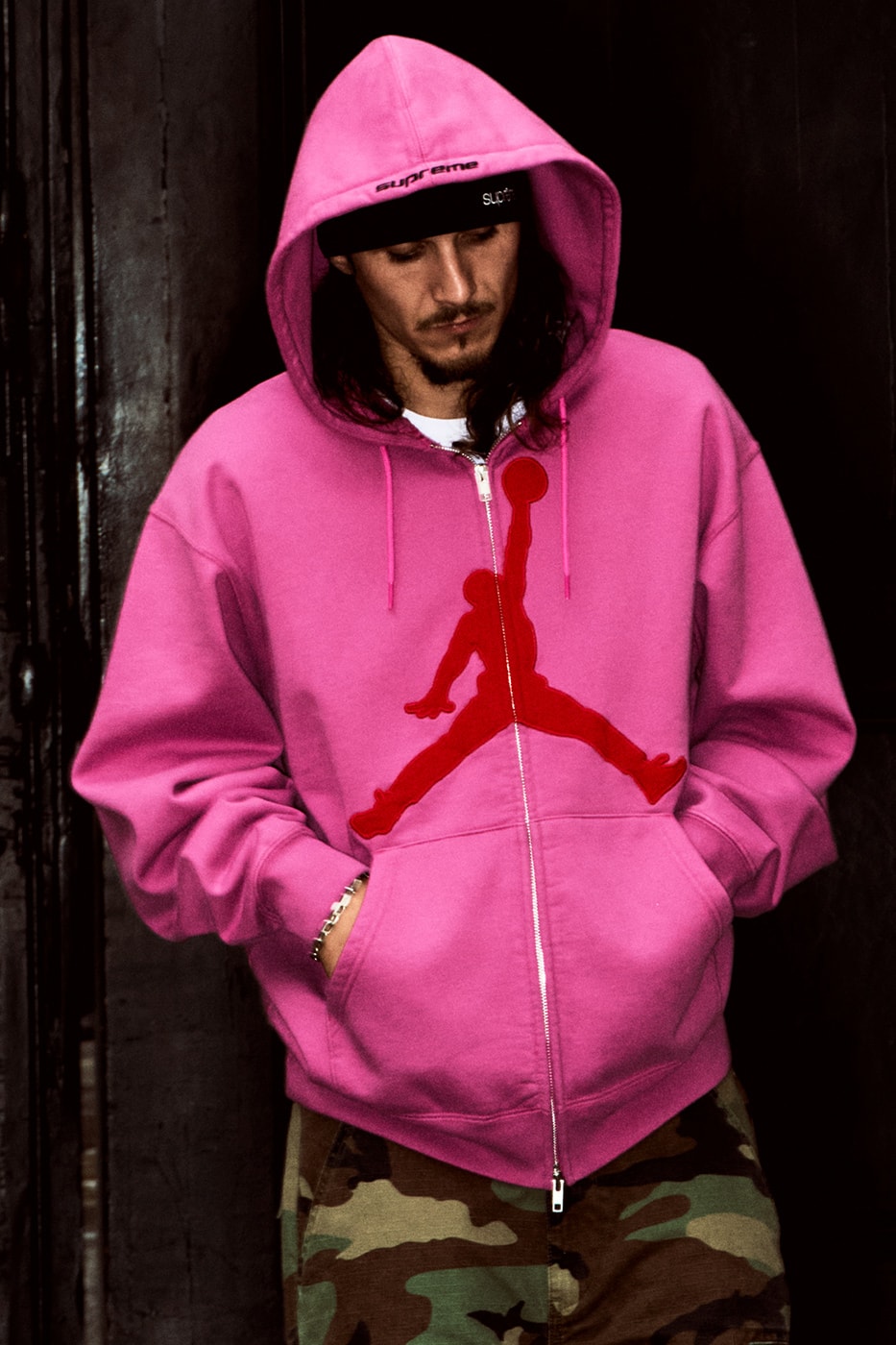 Jordan Brand x Supreme Spring 2026 Collaboration hooded leather jacket track pants zip up hooded sweatshirt basketball short jersey track jacket