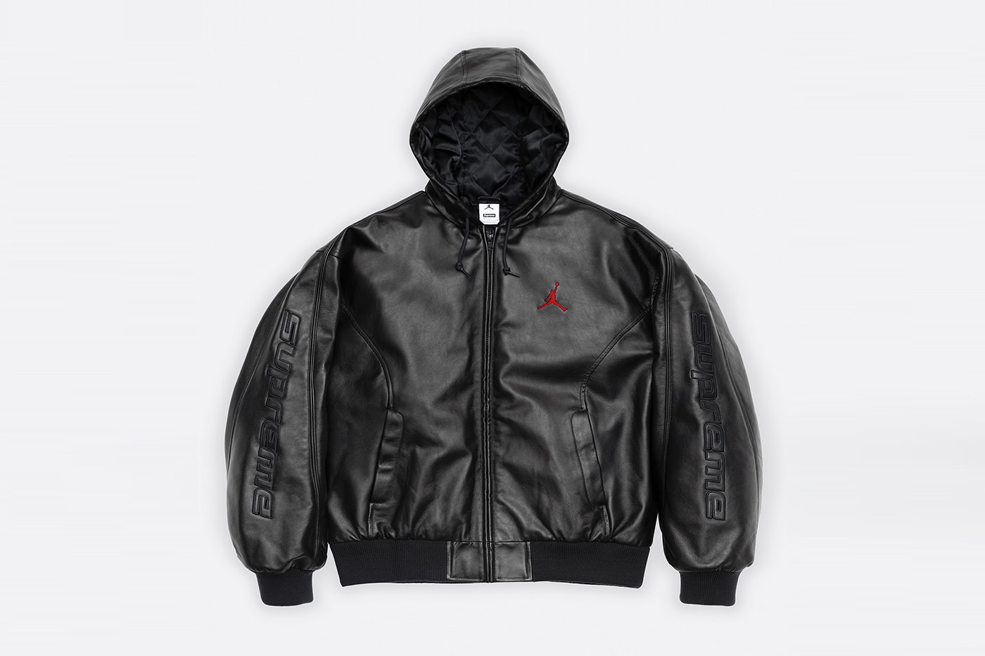 Jordan Brand x Supreme Spring 2026 Collaboration hooded leather jacket track pants zip up hooded sweatshirt basketball short jersey track jacket