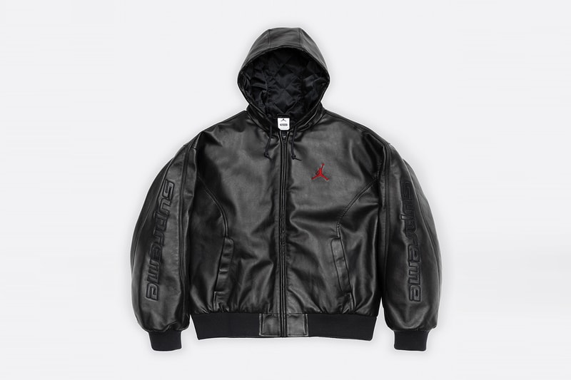 Jordan Brand x Supreme Spring 2026 Collaboration hooded leather jacket track pants zip up hooded sweatshirt basketball short jersey track jacket