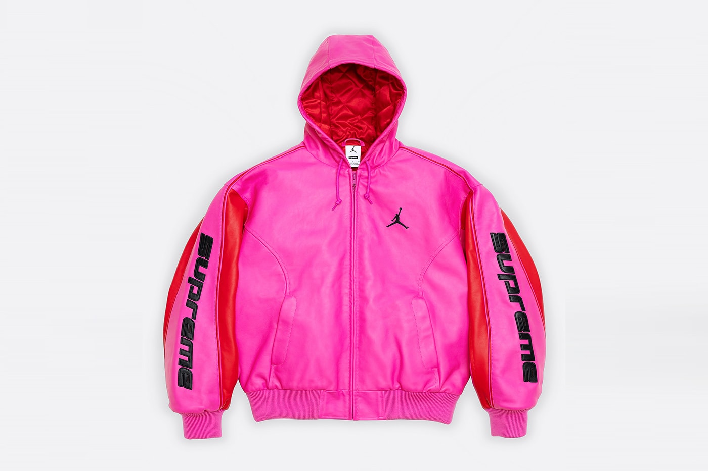 Jordan Brand x Supreme Spring 2026 Collaboration hooded leather jacket track pants zip up hooded sweatshirt basketball short jersey track jacket