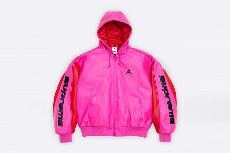Jordan Brand x Supreme Spring 2026 Collaboration hooded leather jacket track pants zip up hooded sweatshirt basketball short jersey track jacket