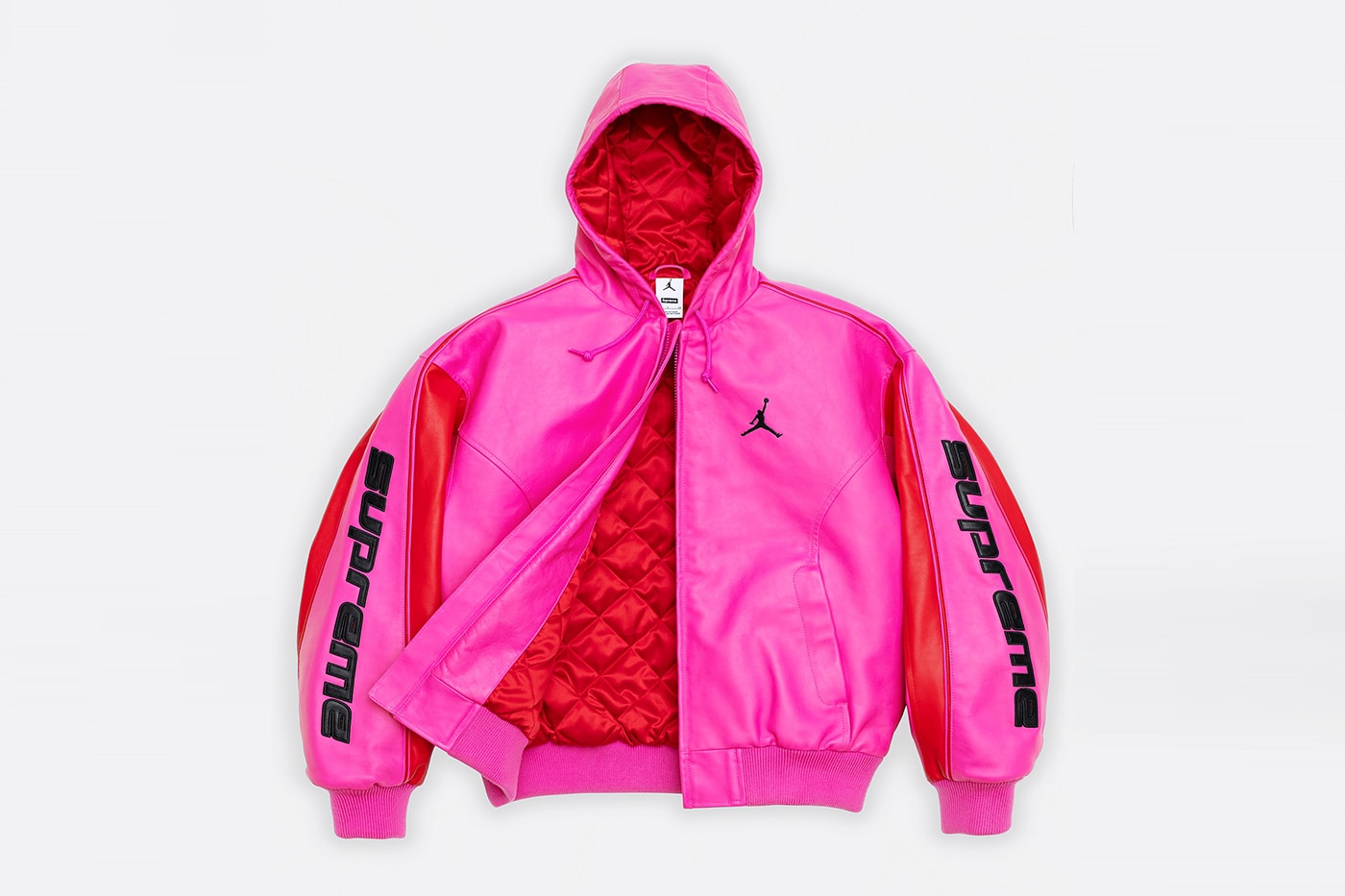 Jordan Brand x Supreme Spring 2026 Collaboration hooded leather jacket track pants zip up hooded sweatshirt basketball short jersey track jacket