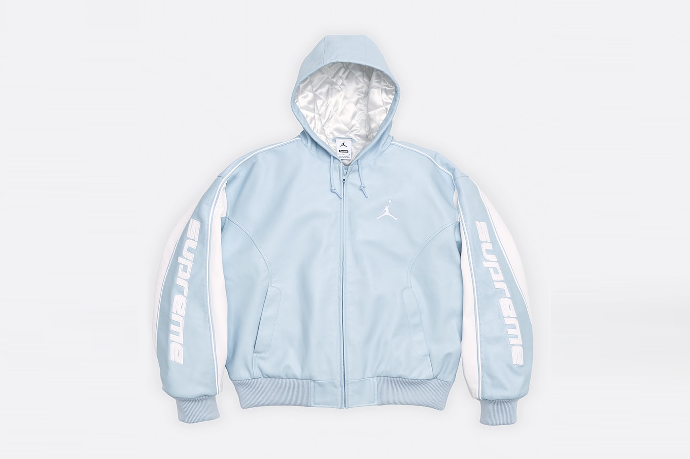 Jordan Brand x Supreme Spring 2026 Collaboration hooded leather jacket track pants zip up hooded sweatshirt basketball short jersey track jacket