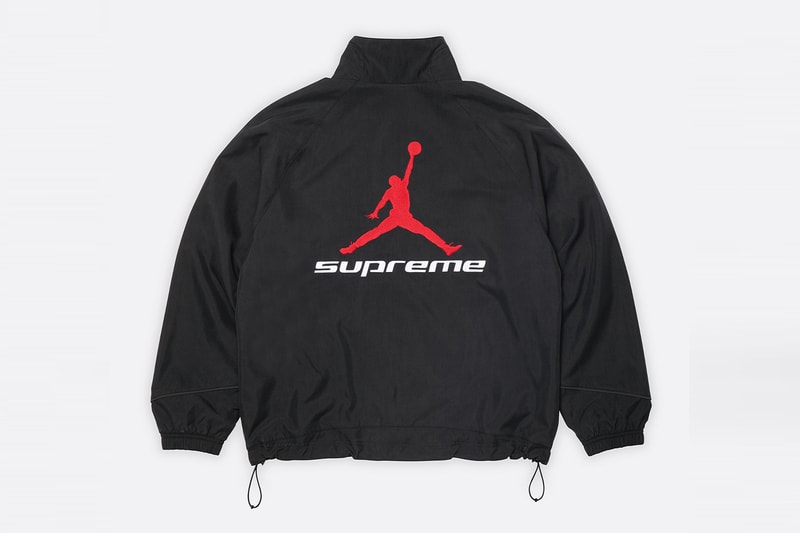 Jordan Brand x Supreme Spring 2026 Collaboration hooded leather jacket track pants zip up hooded sweatshirt basketball short jersey track jacket