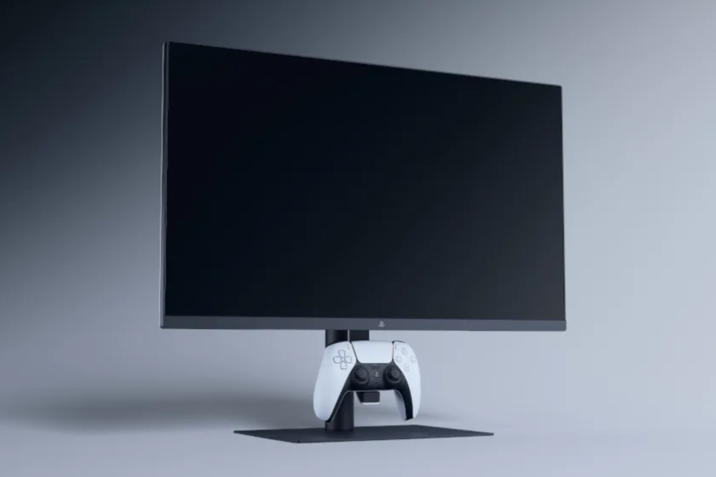 Sony FlexStrike fight stick and 27-inch PlayStation gaming monitor setup on a desktop