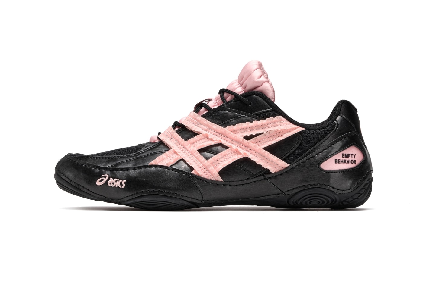 Empty Behavior x ASICS Hypersync Black Breeze lateral view showing ruffled fabric frill replacing tiger stripes