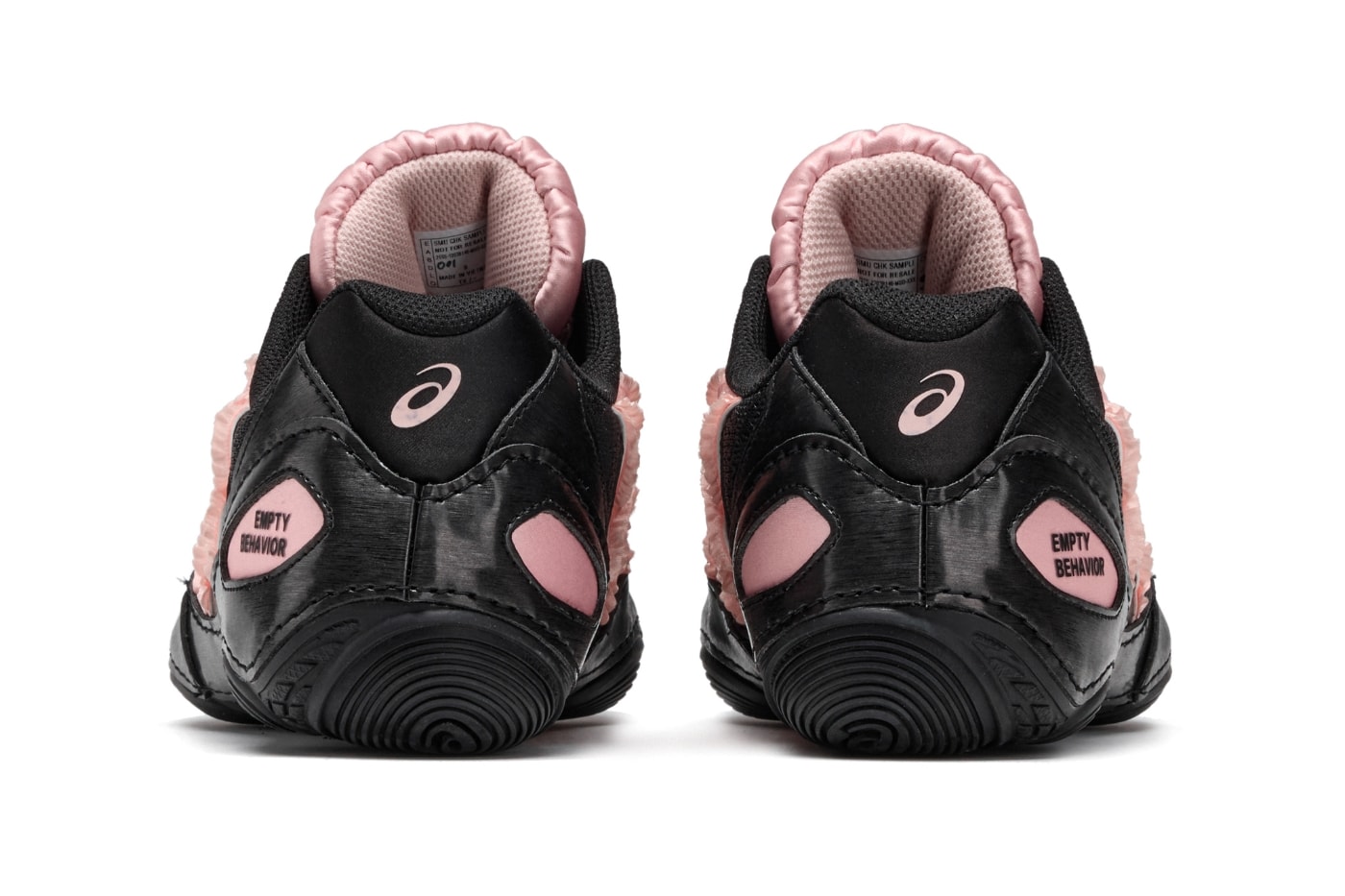 Empty Behavior x ASICS Hypersync Black Breeze heel detail showing Empty Behavior logo stamp