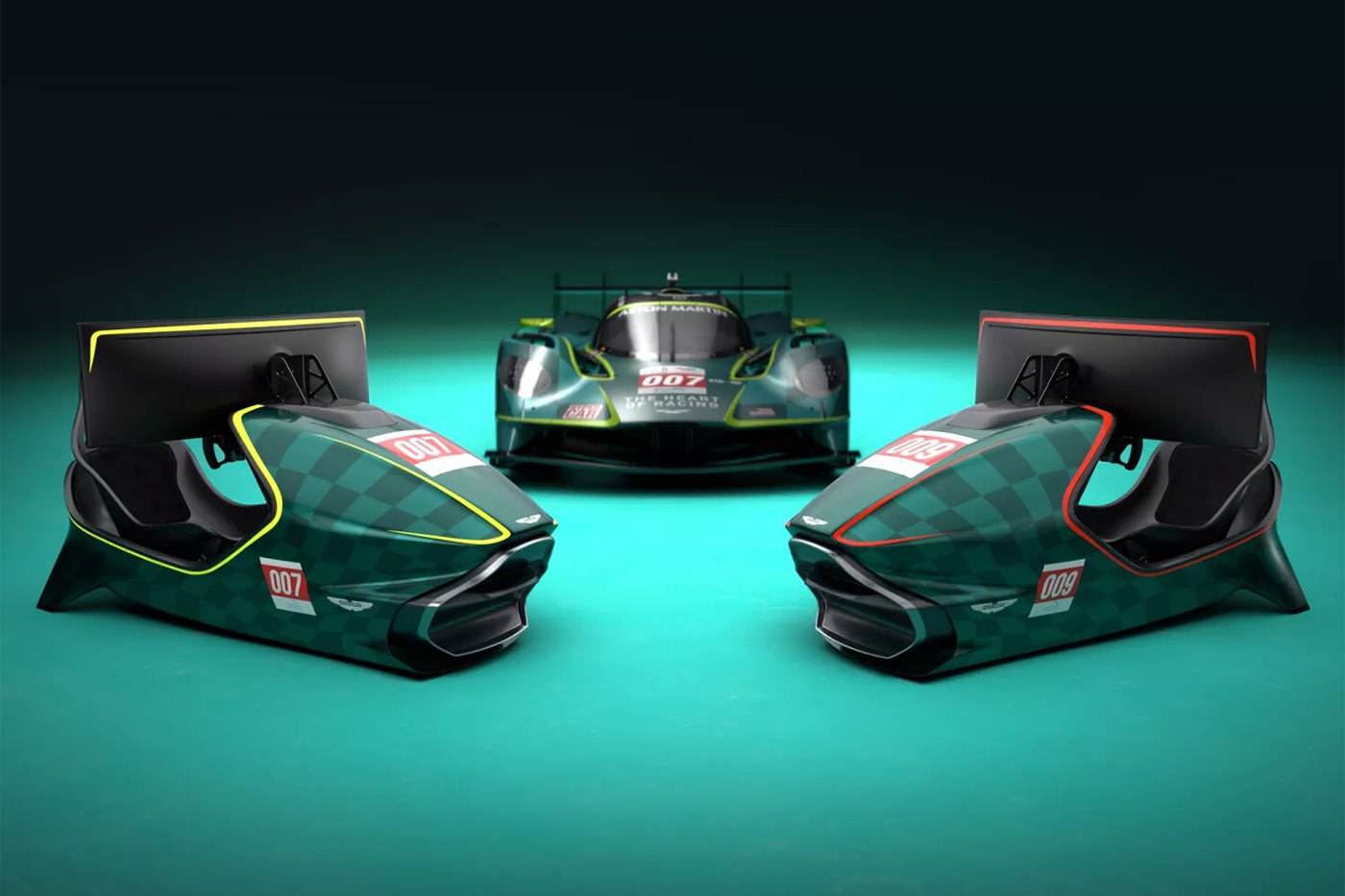 Aston Martin AMR-C01-R Hypercar Edition simulator in Podium Green Valkyrie-inspired livery with curved Samsung Odyssey display and carbon-fiber monocoque