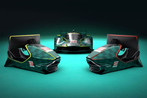 Aston Martin AMR-C01-R Hypercar Edition simulator in Podium Green Valkyrie-inspired livery with curved Samsung Odyssey display and carbon-fiber monocoque