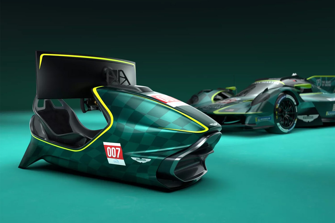 Aston Martin AMR-C01-R Hypercar Edition simulator in Podium Green Valkyrie-inspired livery with curved Samsung Odyssey display and carbon-fiber monocoque