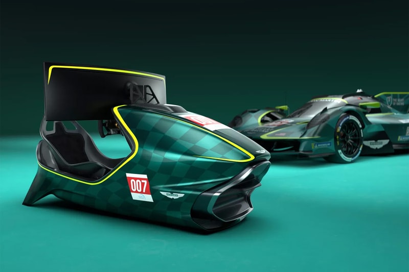 Aston Martin AMR-C01-R Hypercar Edition simulator in Podium Green Valkyrie-inspired livery with curved Samsung Odyssey display and carbon-fiber monocoque