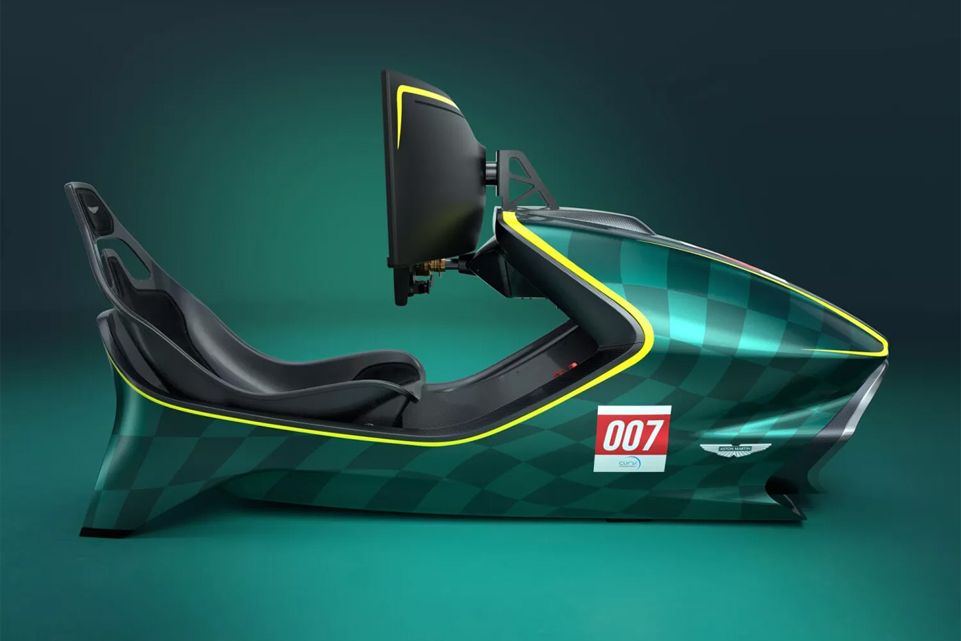 Aston Martin AMR-C01-R Hypercar Edition simulator in Podium Green Valkyrie-inspired livery with curved Samsung Odyssey display and carbon-fiber monocoque