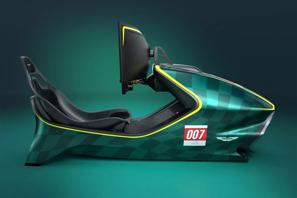 Aston Martin AMR-C01-R Hypercar Edition simulator in Podium Green Valkyrie-inspired livery with curved Samsung Odyssey display and carbon-fiber monocoque