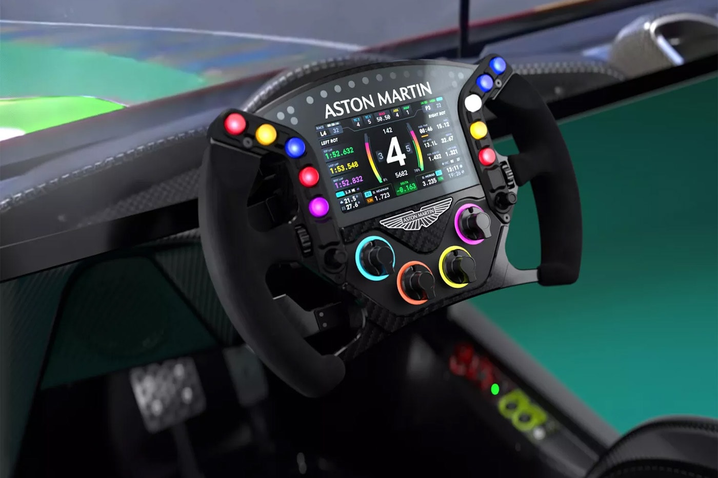 Aston Martin AMR-C01-R Hypercar Edition simulator in Podium Green Valkyrie-inspired livery with curved Samsung Odyssey display and carbon-fiber monocoque