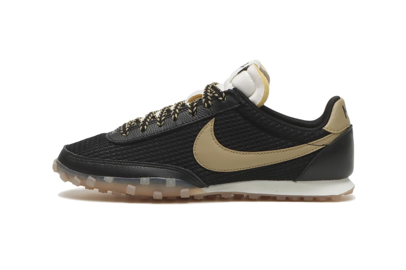 Nike Waffle Racer SE in Black/Filbert-Sail colorway, showcasing leather and mesh upper with exposed foam tongue - detail view 2