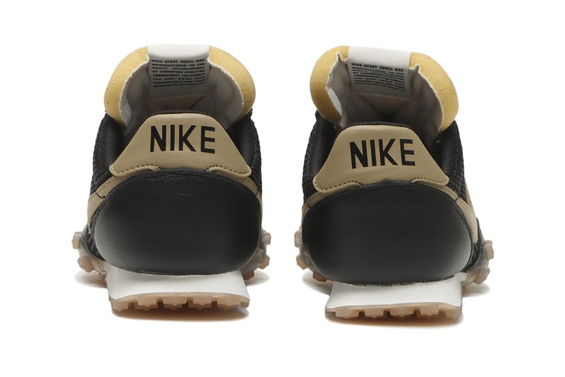 Nike Waffle Racer SE in Black/Filbert-Sail colorway, showcasing leather and mesh upper with exposed foam tongue - detail view 4