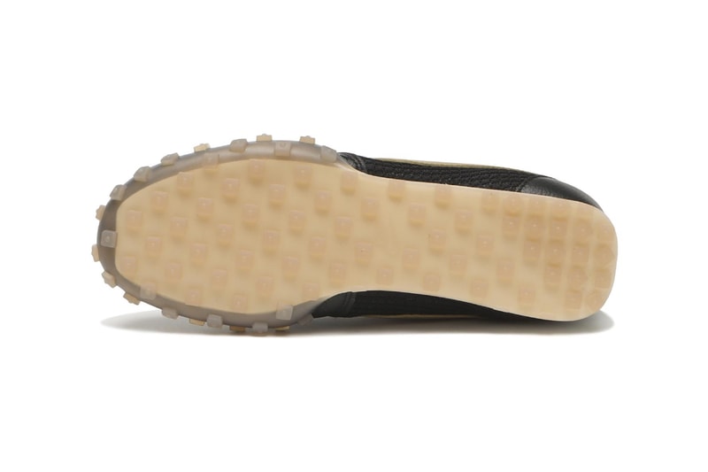 Nike Waffle Racer SE in Black/Filbert-Sail colorway, showcasing leather and mesh upper with exposed foam tongue - detail view 5