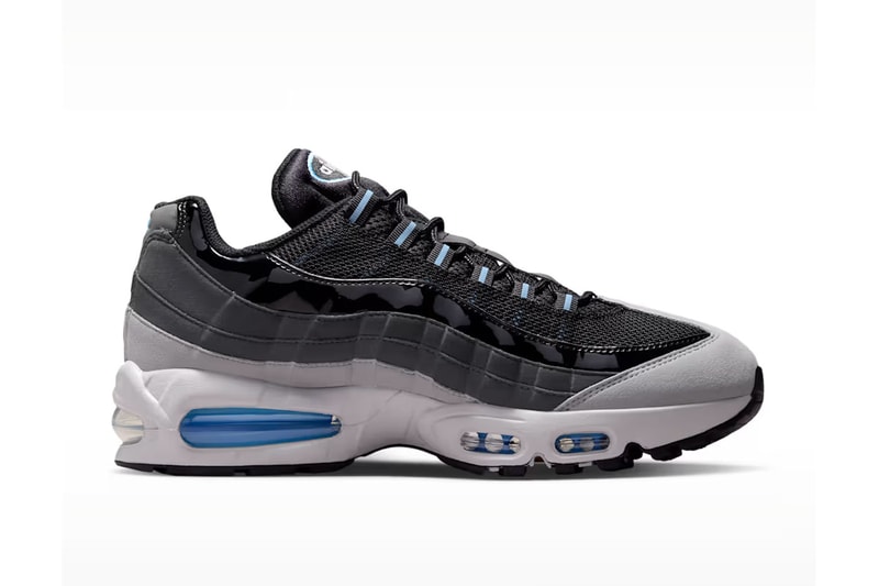 Nike Air Max 95 Black/Grey Fog showing dual Air Max units and anatomical paneling with football blue accents - detail view 4