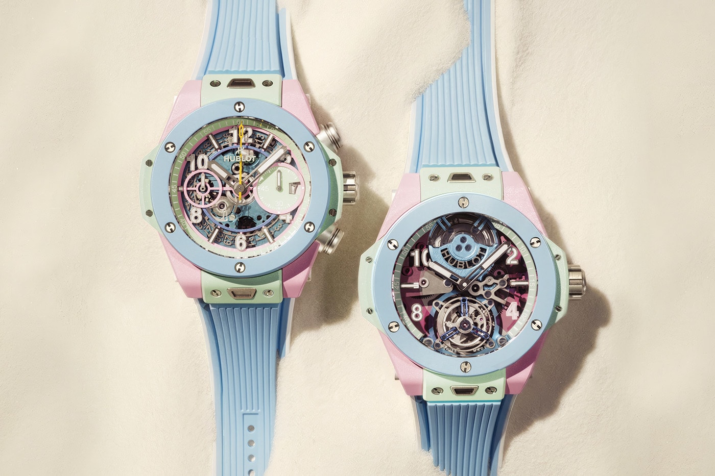 Hublot Big Bang Summer Multi -Colored Ceramic 42mm 441.ERG.6610.RX 44mm 429.ERG.6610.RX Big Bang Titanium Peach Ceramic 42mm 441.NCU.5920.RX 33mm 485.CUP.5920.RX Big Bang Mint Green Ceramic 33mm 485.GS.5271.RX Big Bang Petrol Blue Ceramic 33mm 485.ES.5171.RX Release Info