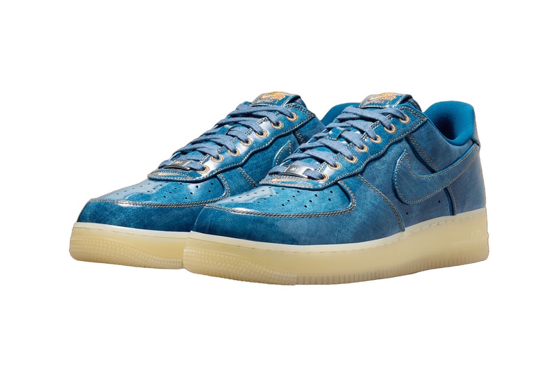 Nike Air Force 1 Low Patent Denim in Coastal Blue with glossy patent finish over denim upper, Natural-Flax accents - detail view 2