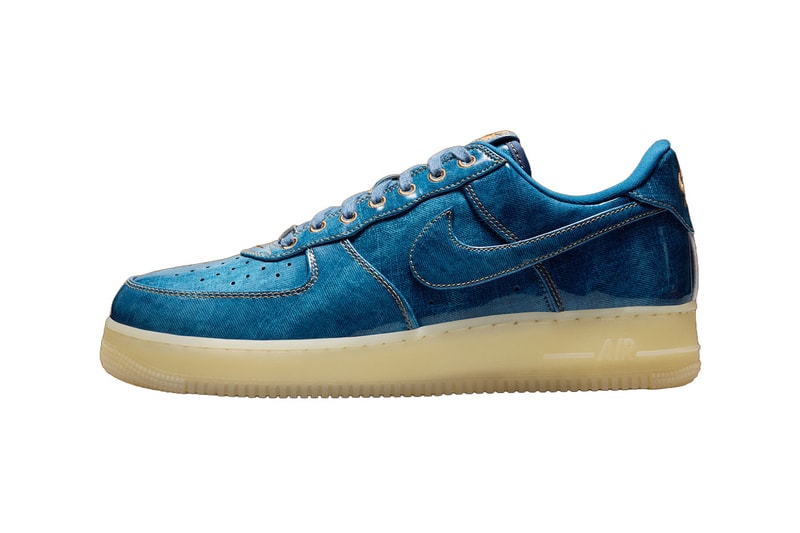 Nike Air Force 1 Low Patent Denim in Coastal Blue with glossy patent finish over denim upper, Natural-Flax accents - detail view 3
