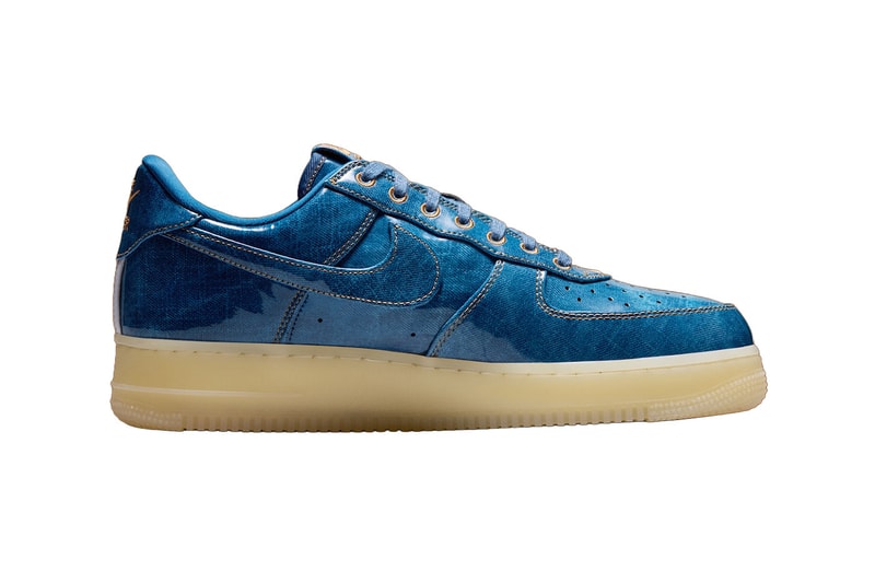 Nike Air Force 1 Low Patent Denim in Coastal Blue with glossy patent finish over denim upper, Natural-Flax accents - detail view 4