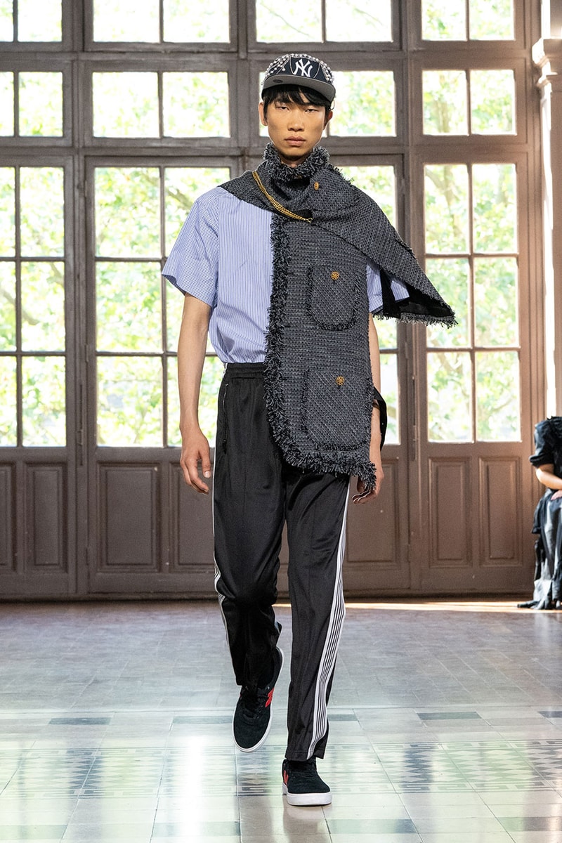 JUNYA WATANABE MAN SS27 Blends Streetwear Icons and Luxury Tailoring Under "BLING BLING BLING" Theme paris fashion week spring summer 2027 runway Kappa  Needles  Carhartt  Levi’s  Luigi Borrelli  Guy Rover  Maria Santangelo  INNERRAUM  47  HIDDEN   Union LA  DHL  Flake  New Balance  Heinrich Dinkelacker  Tricker's 