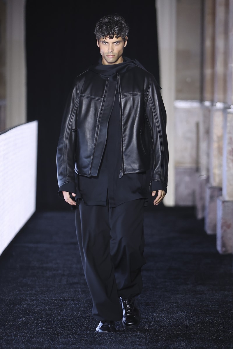 Y-3 SS27 runway presentation at Palais Brongniart featuring deconstructed Stan Smith silhouettes and brutalist football-inspired tailoring - detail view 4