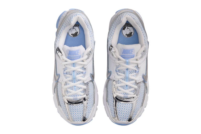 Nike Zoom Vomero 5 Aluminum in white with dual layered metallic silver and aluminum Swoosh design on lateral panel - detail view 4