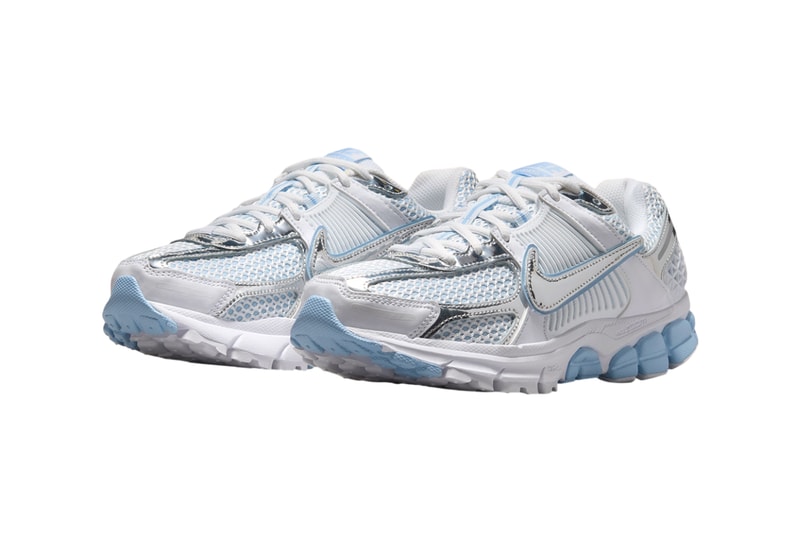 Nike Zoom Vomero 5 Aluminum in white with dual layered metallic silver and aluminum Swoosh design on lateral panel - detail view 2