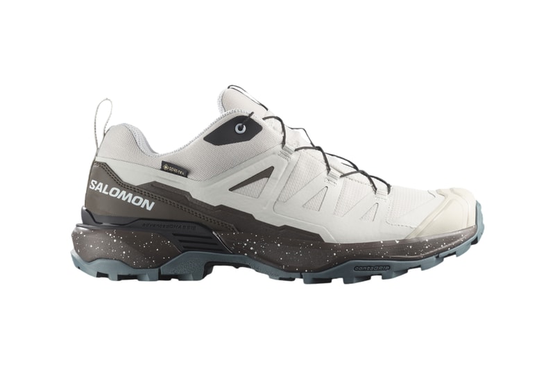 Salomon X ULTRA 360 GORE-TEX GORAIKO in charcoal and off-white, side profile view showing GORE-TEX construction - detail view 3