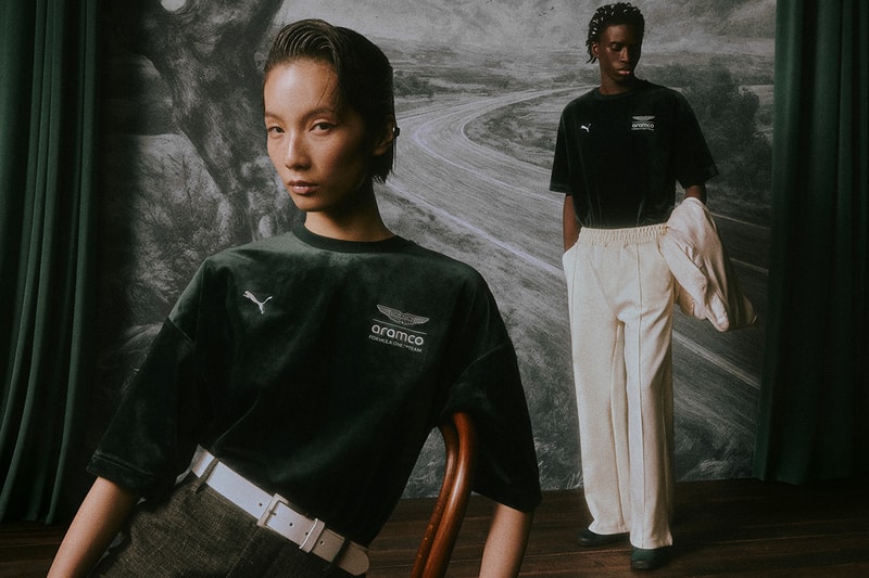 puma aston martin aramco formula 1 f1 silverstone british grand prix steetwear luxury racing green debut collaboration house party collection launch exclusive hypebeast velvet
