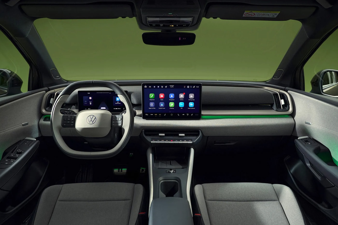 Volkswagen ID. Cross electric SUV on road showcasing compact proportions and clean LED lighting