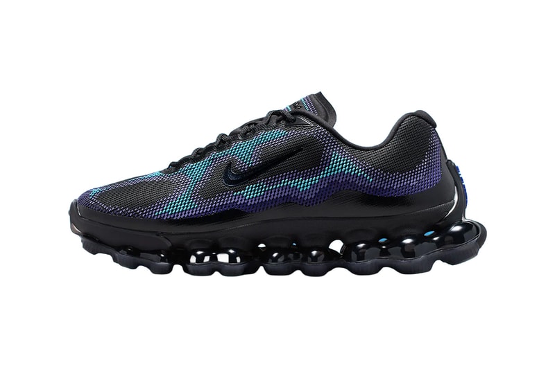 Nike Air Liquid Max Black/Radiant Blue featuring three-layer textured mesh upper with nanoprint design and visible point-loaded Air cushioning pods - detail view 1